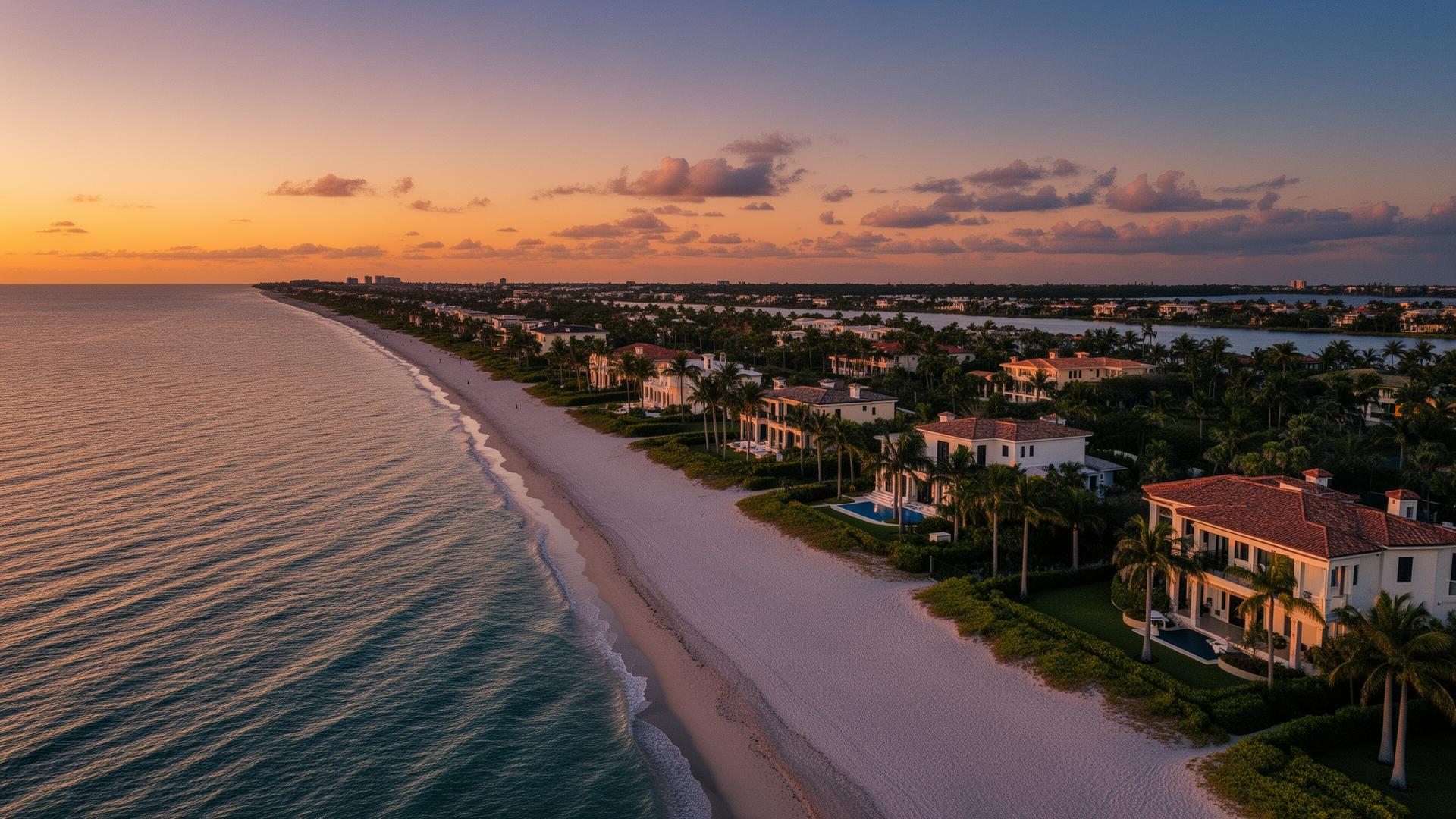 Aerial view of the Naples Florida coastline at sunset